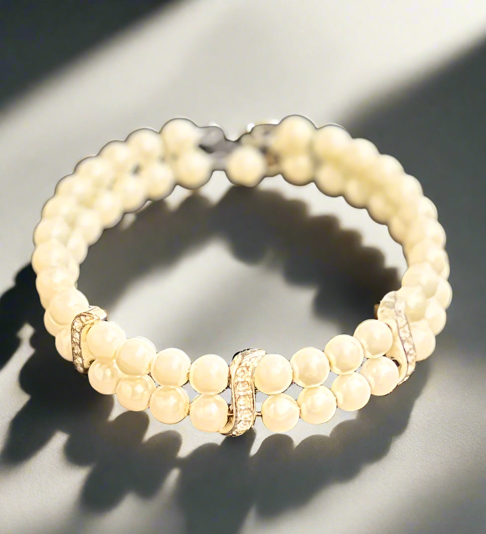 Multi Strand Faux Pearl Bracelet with Rhinestones