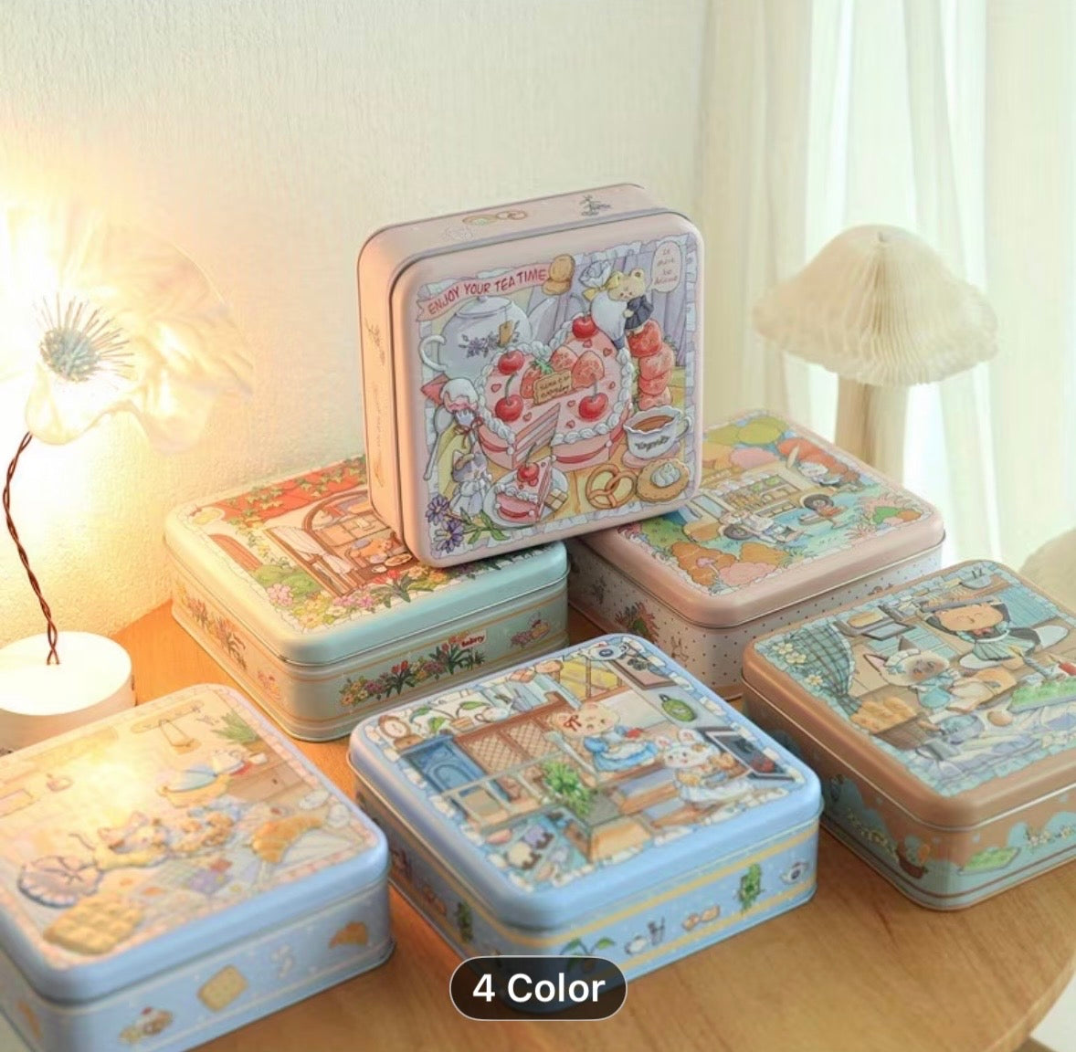 Whimsical Illustrations of Animals Square Storage Tins - 6.7" by 6.7" by 2.4"