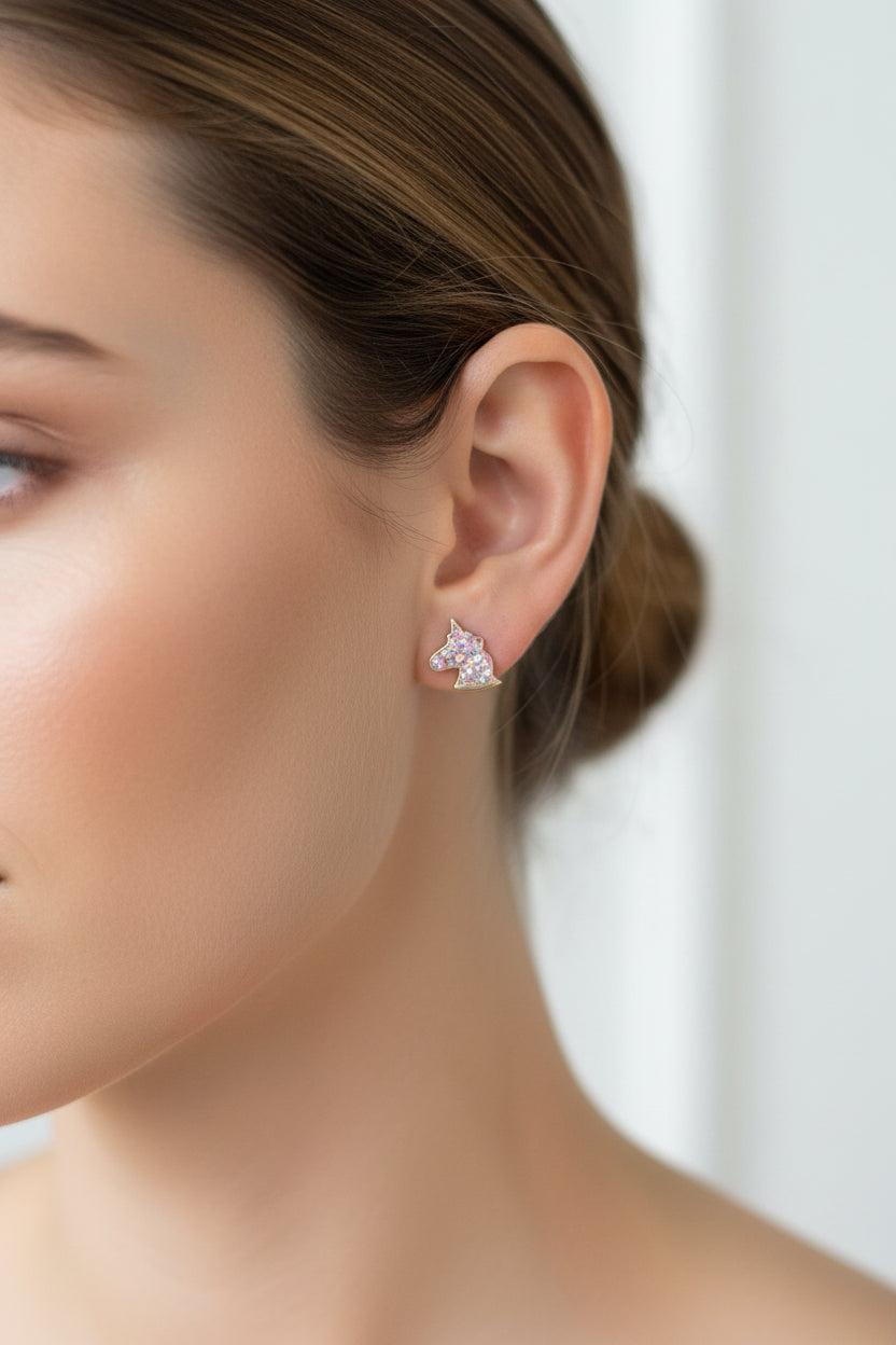 Earrings - Pink - Unicorn Shaped - Studded - Glitter