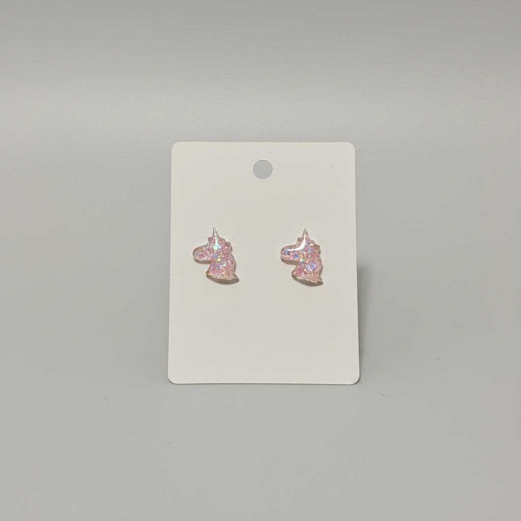 Earrings - Pink - Unicorn Shaped - Studded - Glitter