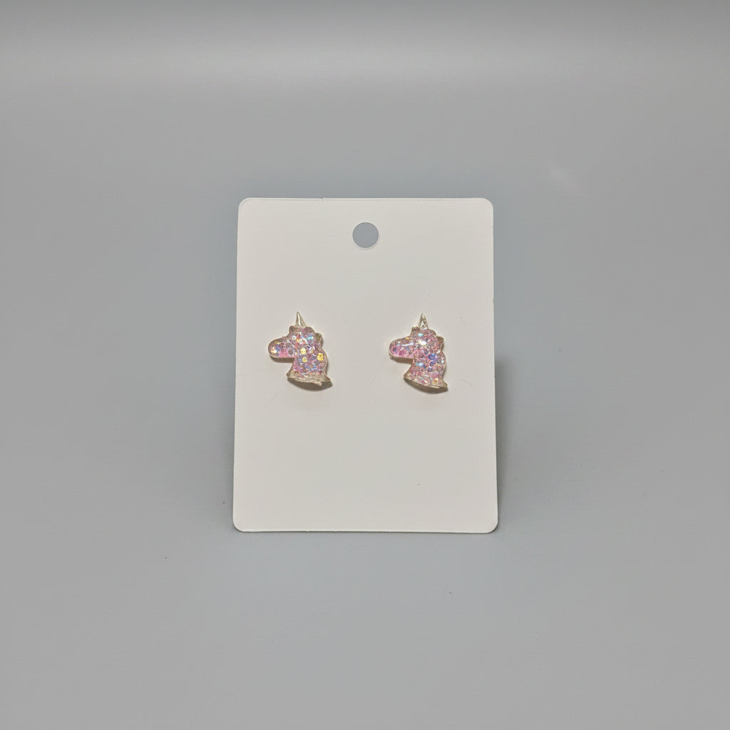 Earrings - Pink - Unicorn Shaped - Studded - Glitter