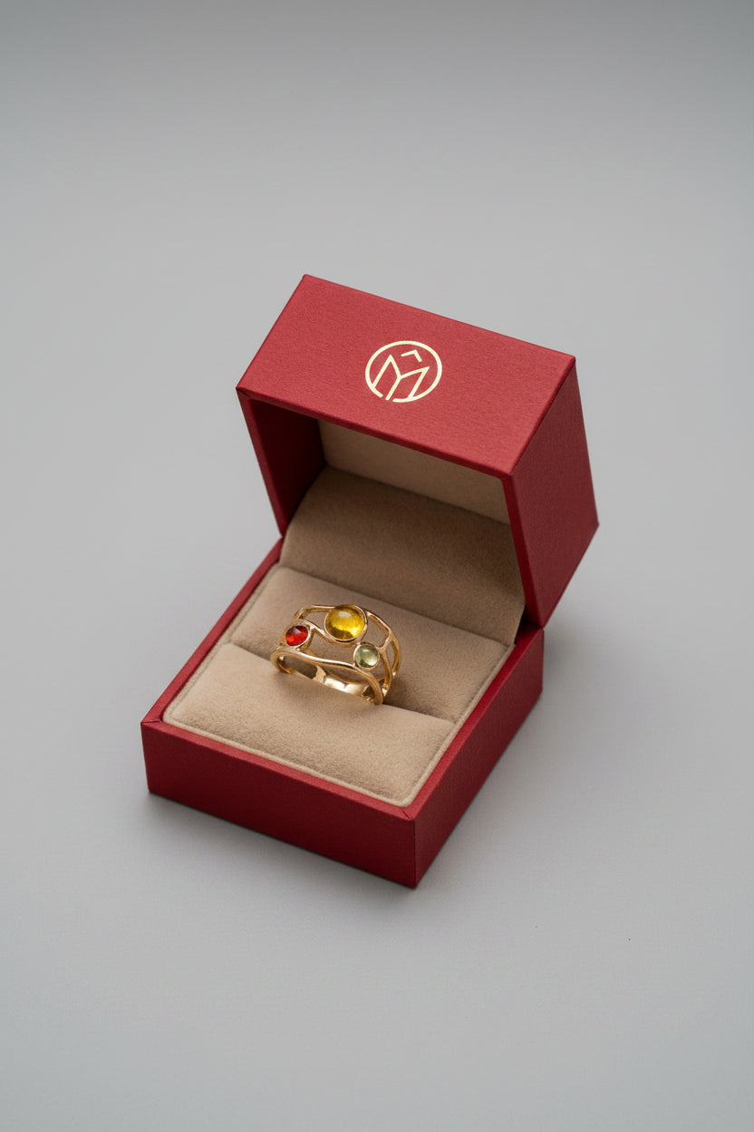 Ring - Adjustable - Open Ended Mesh Inlaid with Three Colorful Stones