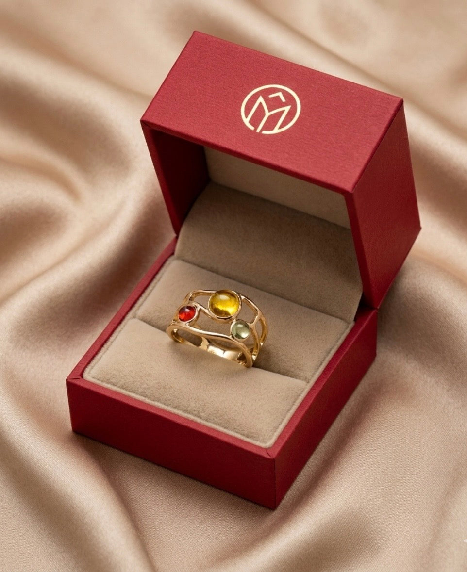 Ring - Adjustable - Open Ended Mesh Inlaid with Three Colorful Stones