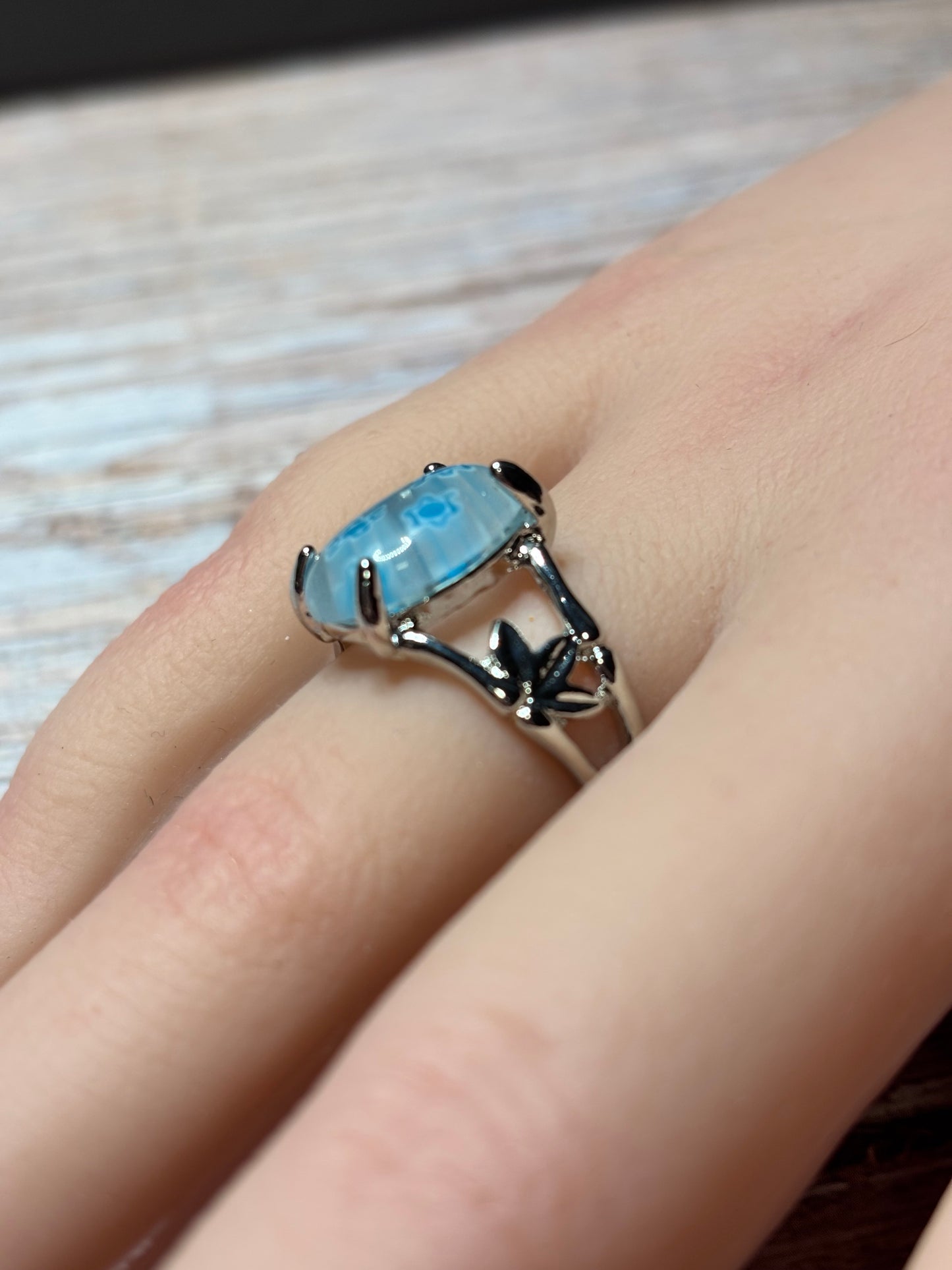 Ring - Size 8 - Millefiori Clear with Blue Floral Pattern and Leaf Side Accent