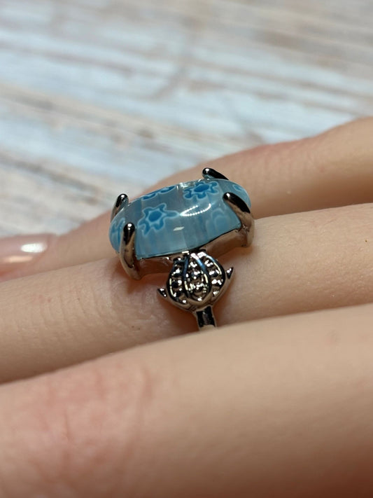 Ring - Size 6.5 - Murano Clear with Blue Floral