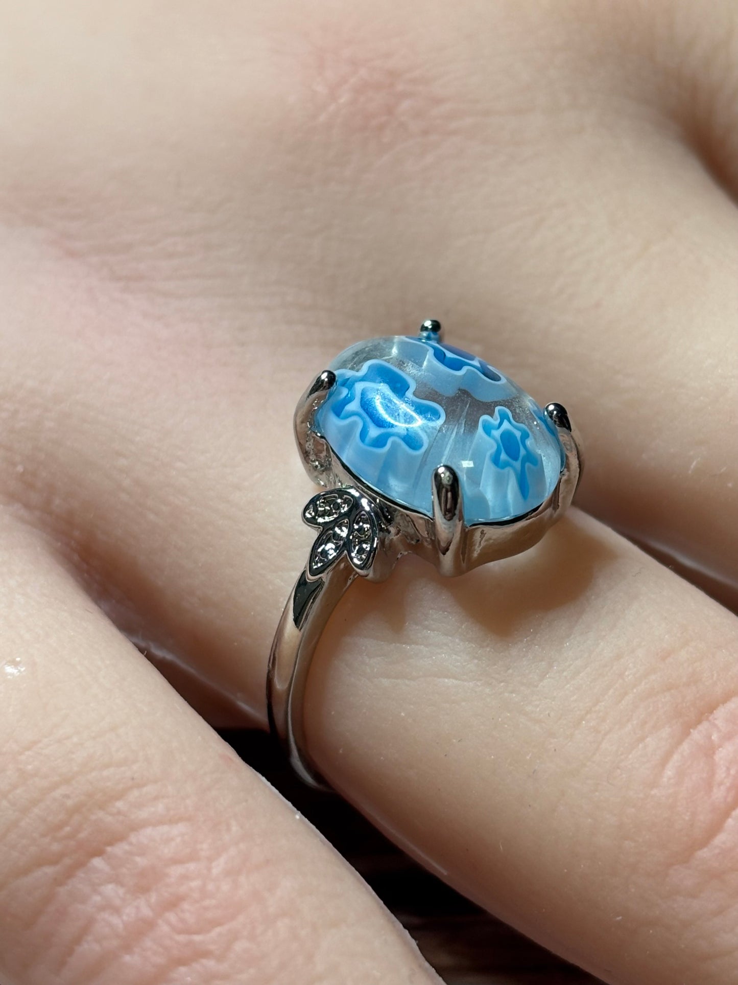 Ring - Size 8 Clear with Blue Floral Murano