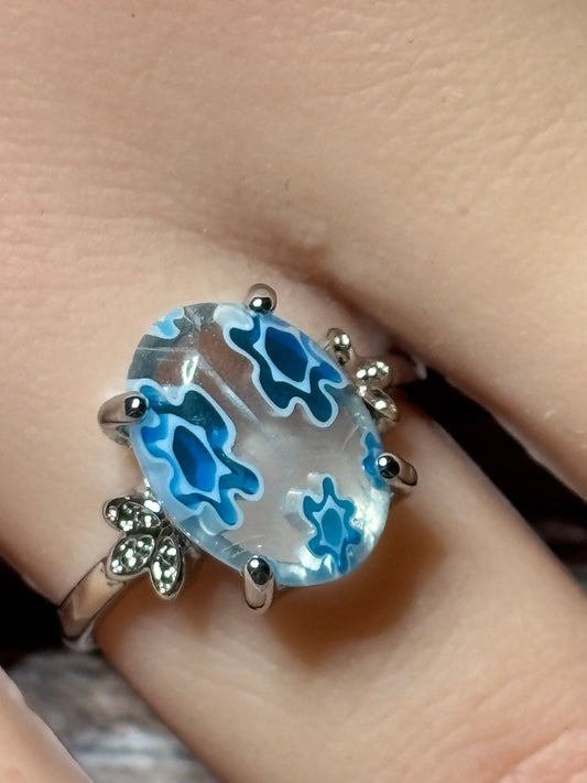 Ring - Size 8 Clear with Blue Floral Murano