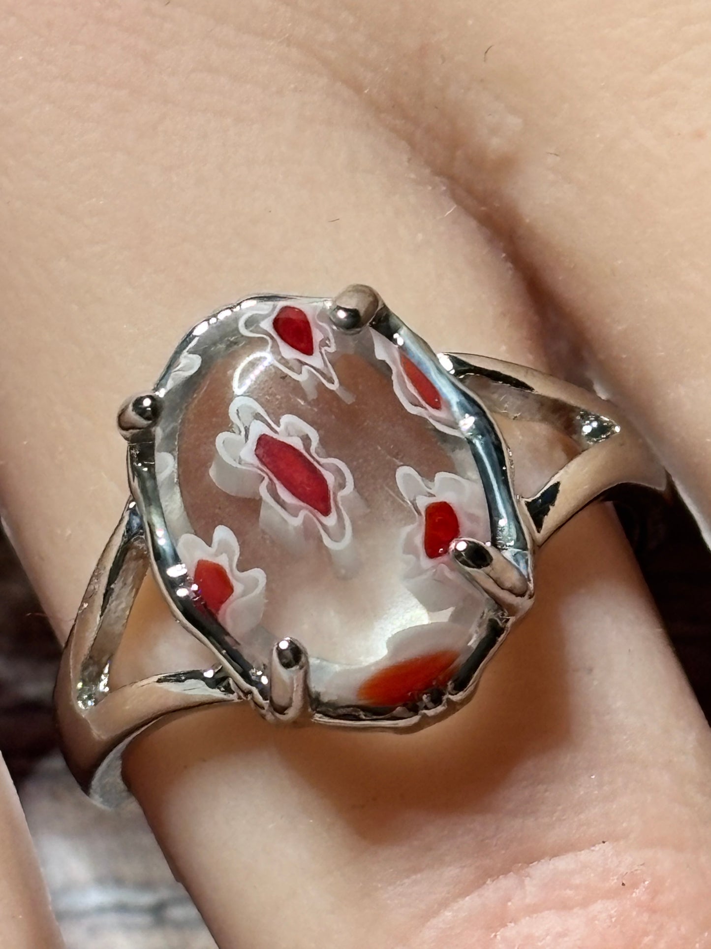 Ring - Size 10 Clear With White and Red Floral Murano