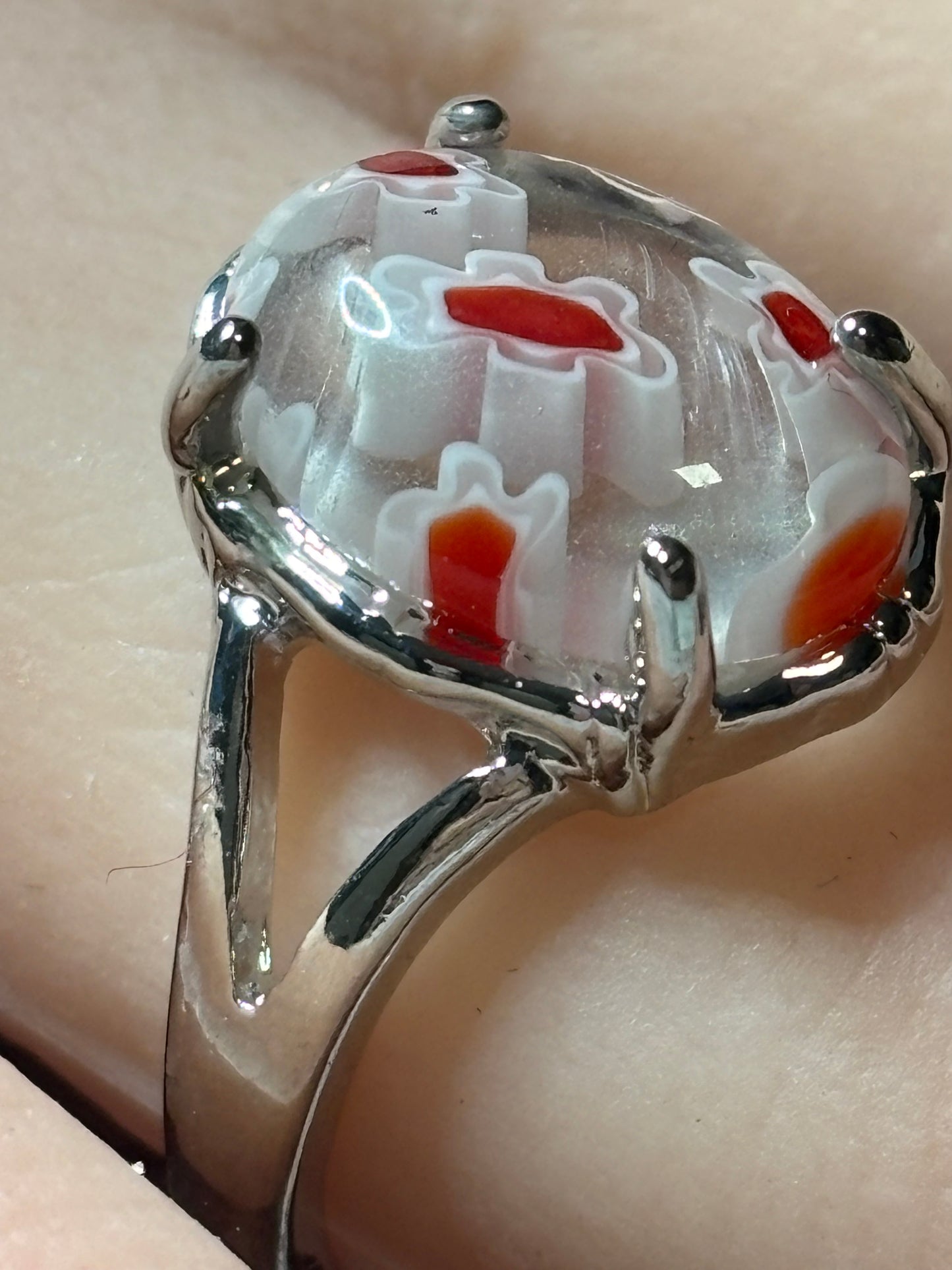 Ring - Size 10 Clear With White and Red Floral Murano