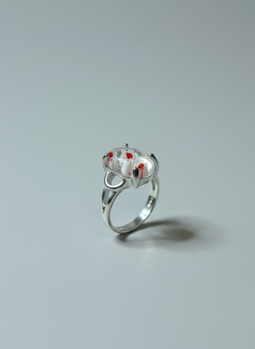 Ring - Size 5.5 Clear with White and Red Floral Murano
