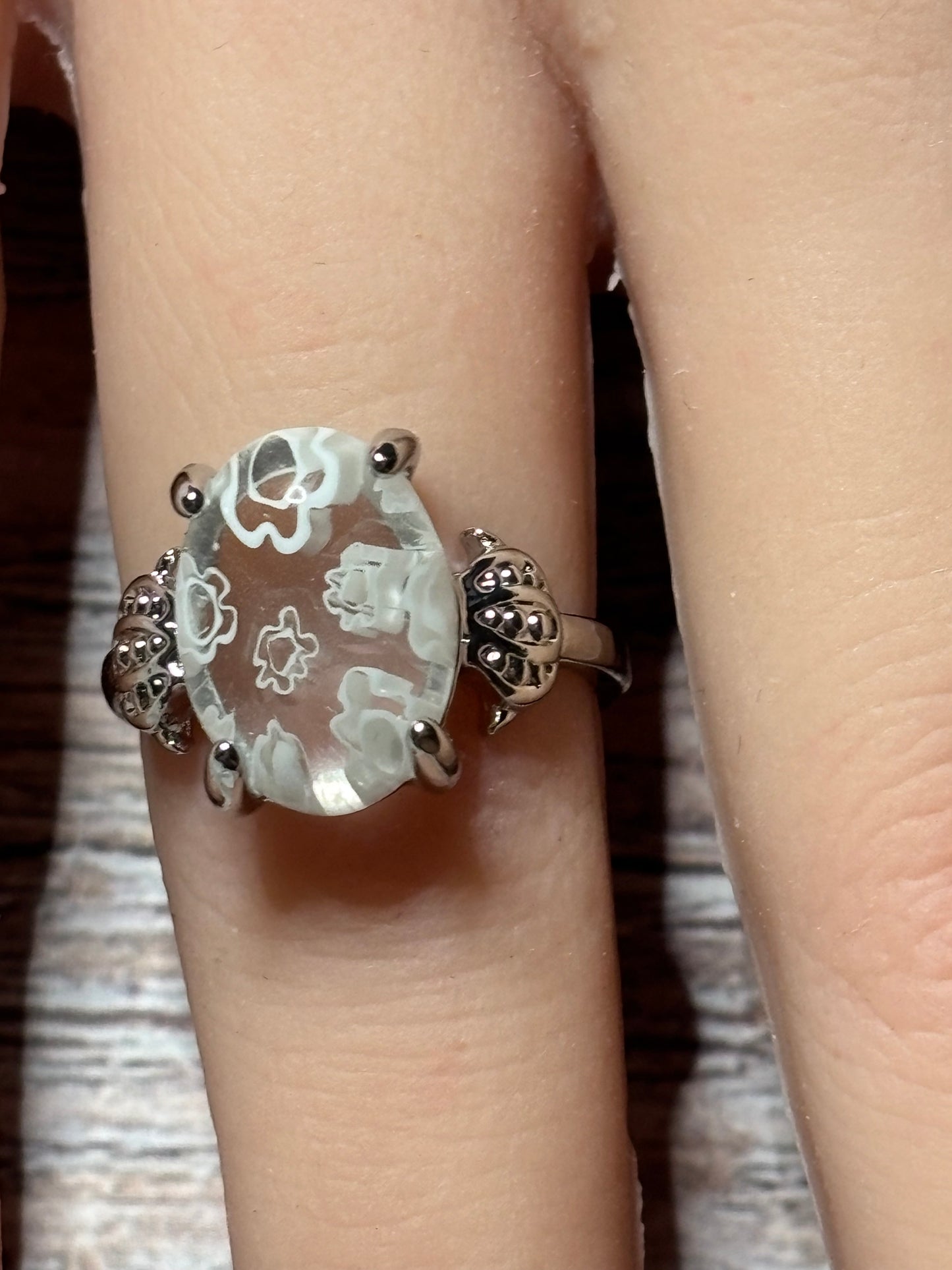 Ring - Size 6.5 Clear with White Floral Murano