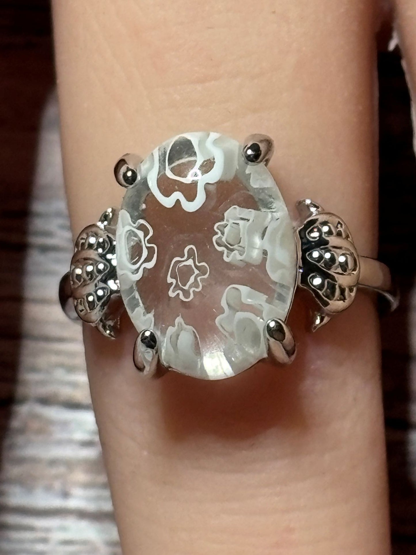 Ring - Size 6.5 Clear with White Floral Murano
