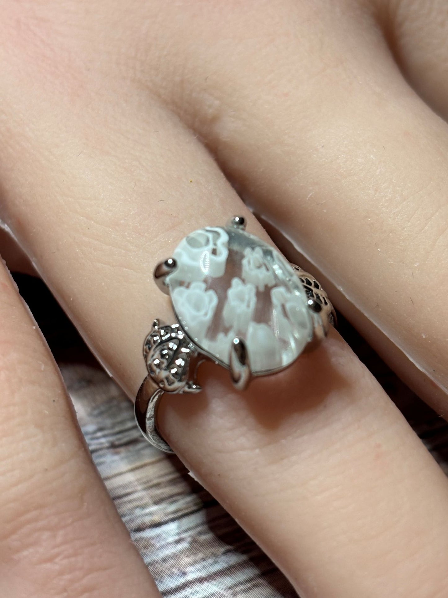Ring - Size 6.5 Clear with White Floral Murano
