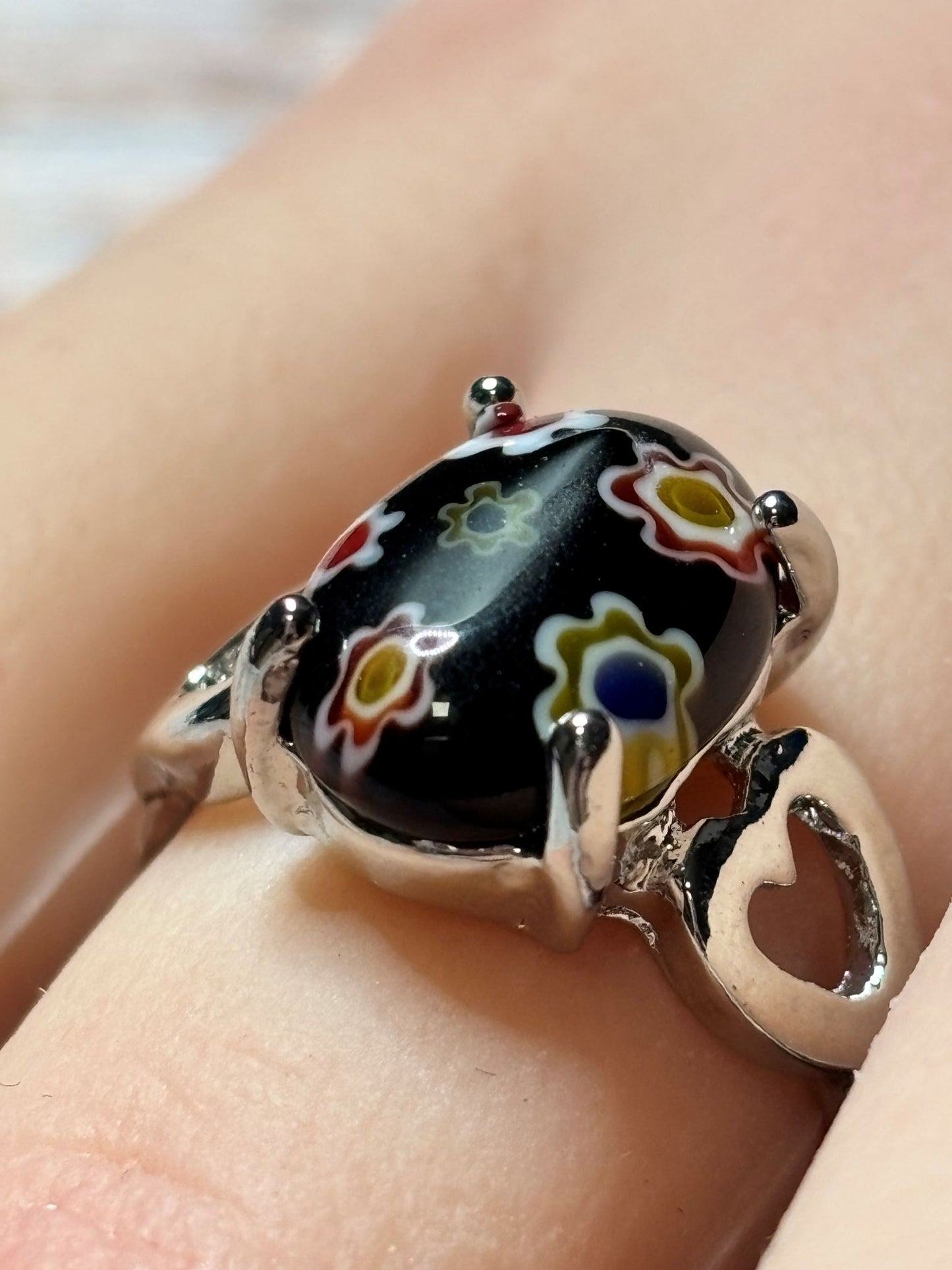 Ring - Size 7.5 Black Floral Murano
