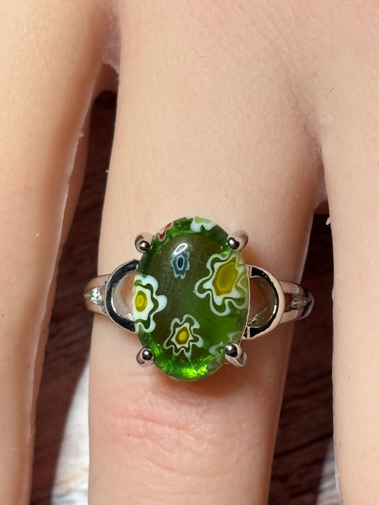 Ring - Size 7.5 Green Floral Murano