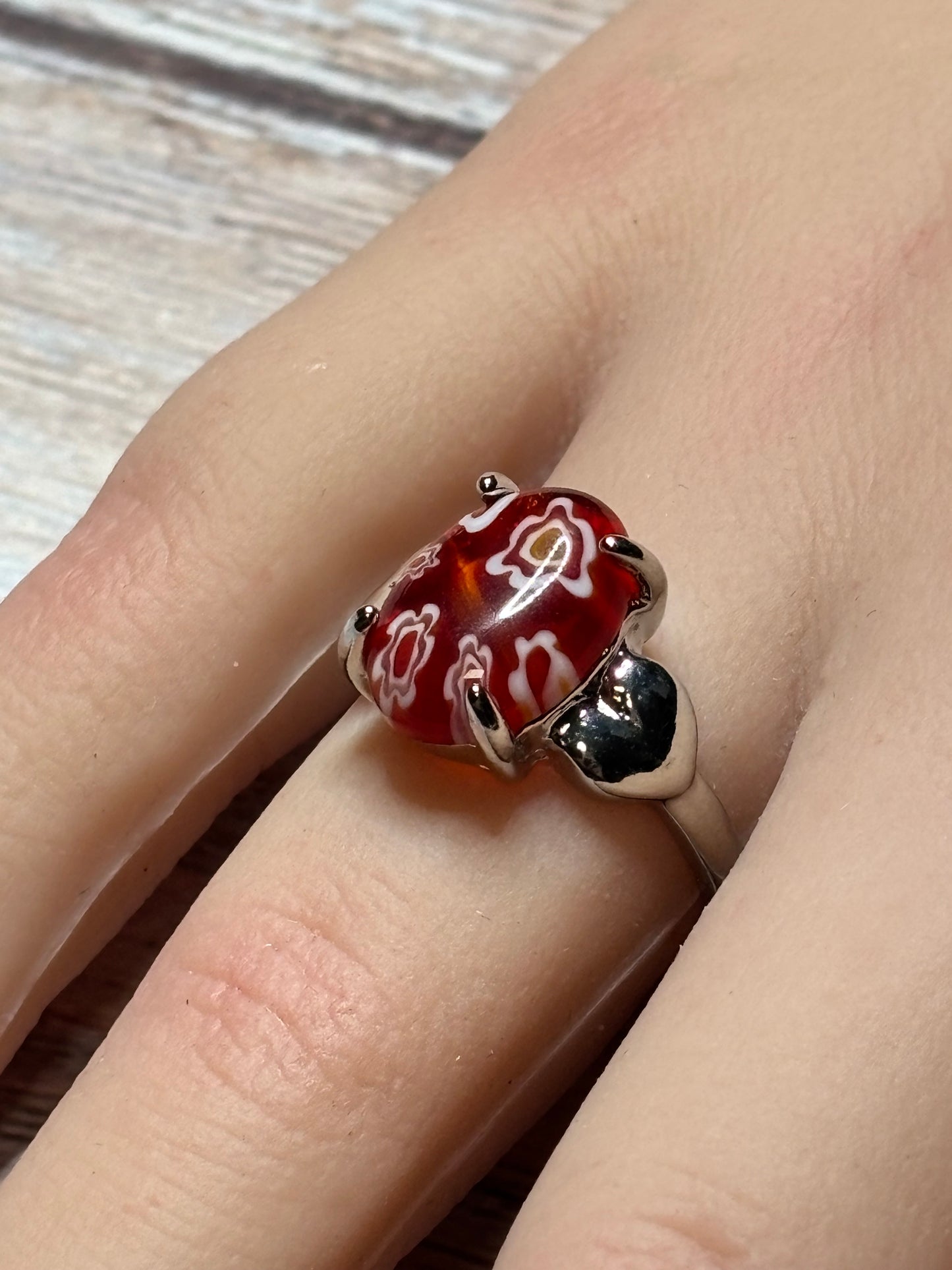 Ring - Size 8.5 Red Floral Murano with Heart Accent