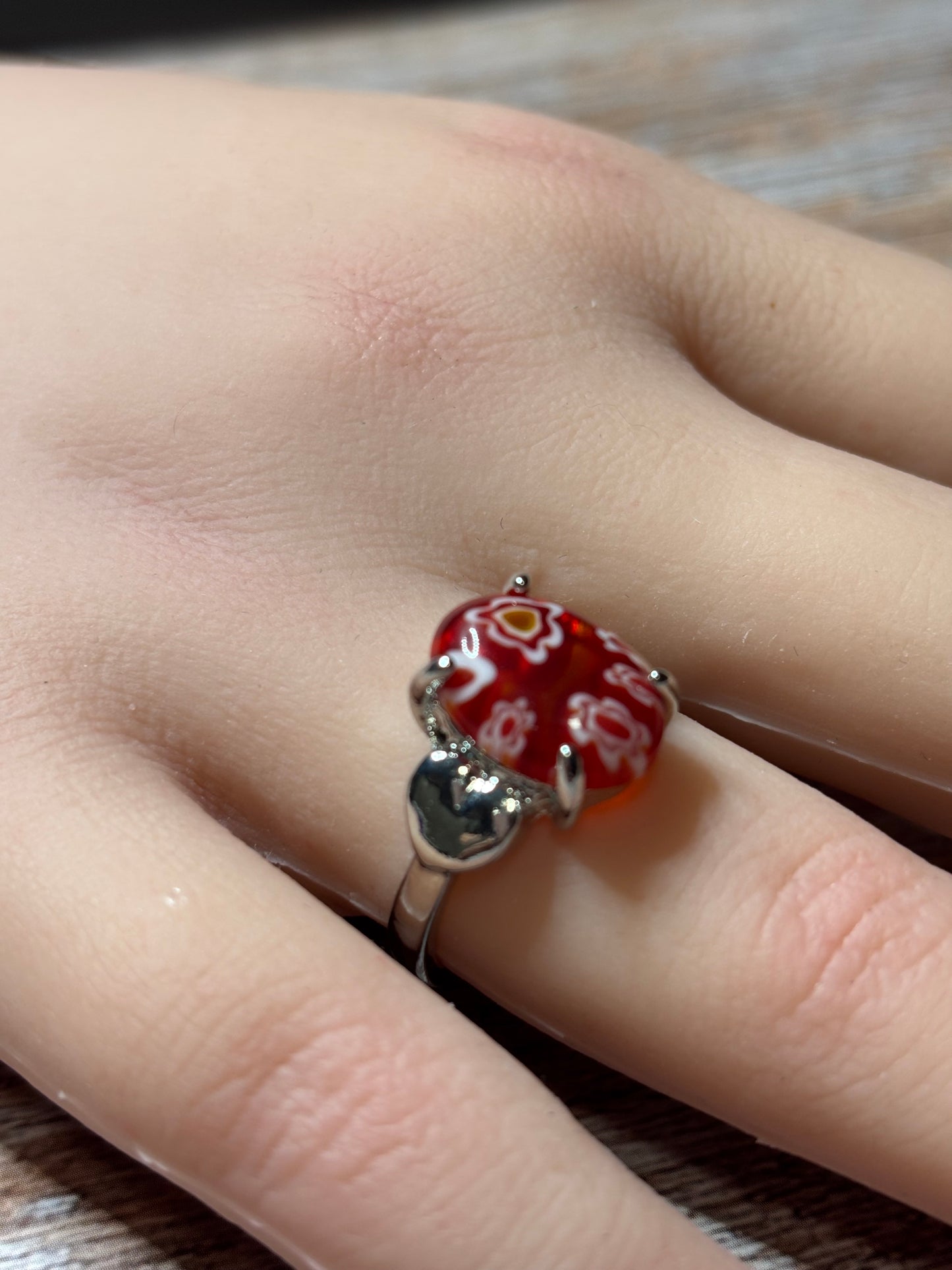 Ring - Size 8.5 Red Floral Murano with Heart Accent