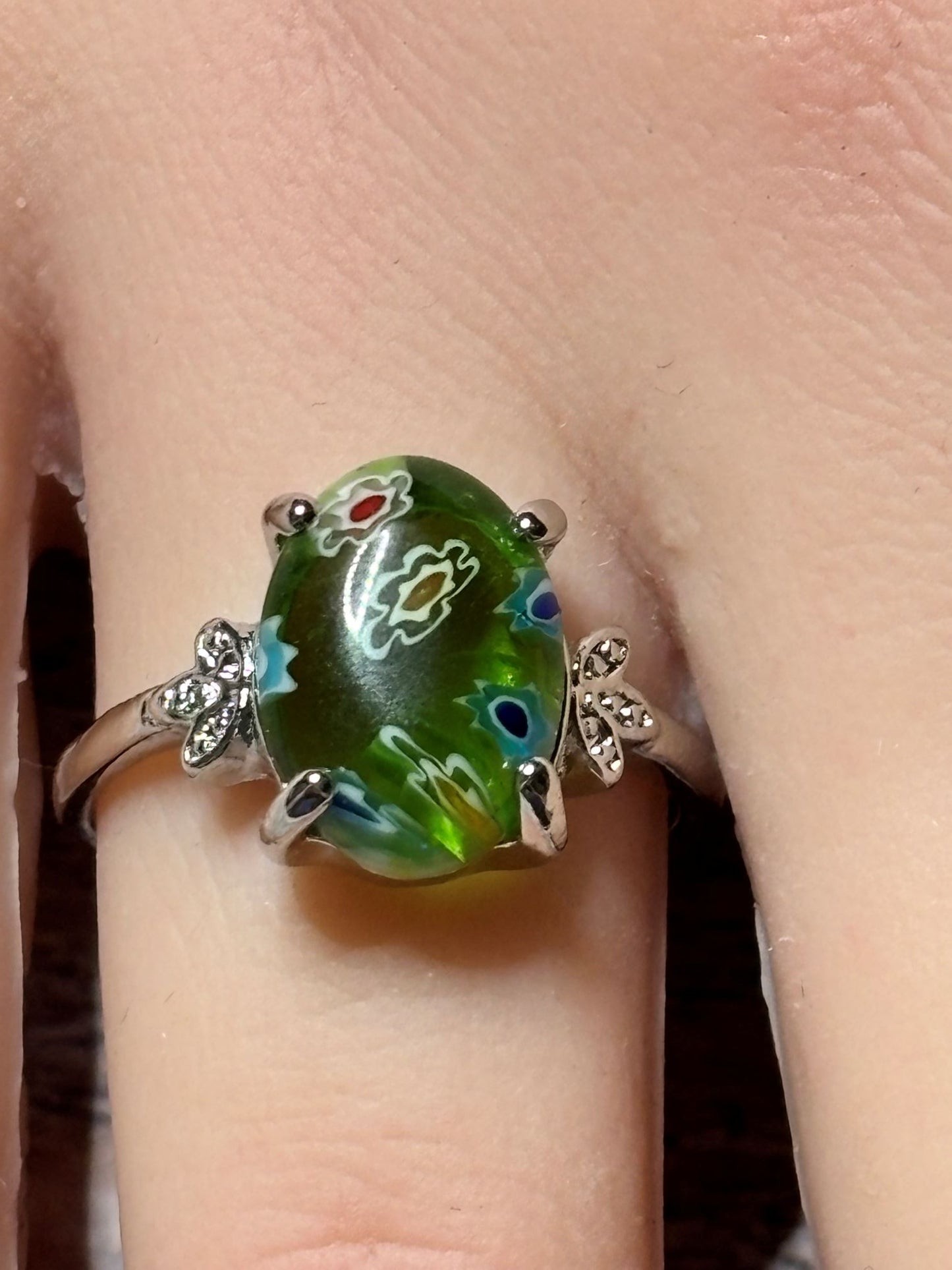 Ring - Size (7.5 & 10) Green Murano Millefiori Floral