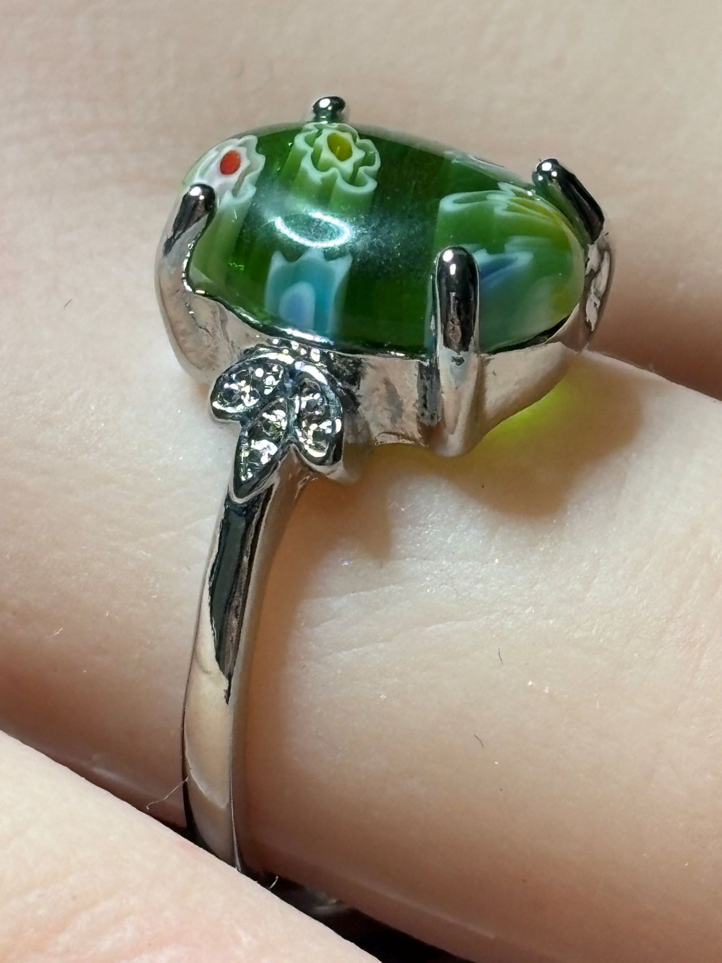 Ring - Size (7.5 & 10) Green Murano Millefiori Floral
