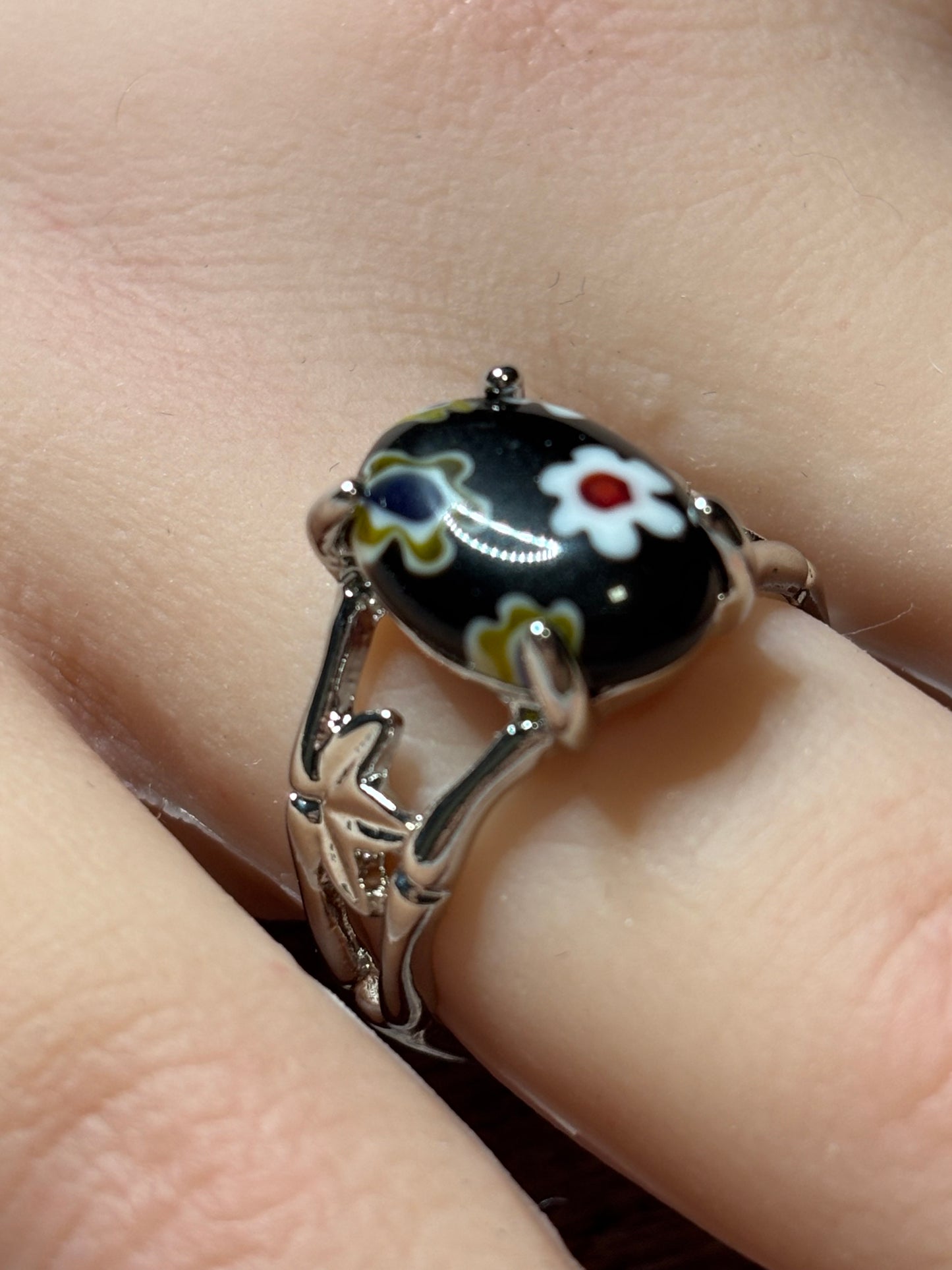 Ring Size 8 Black Floral Murano