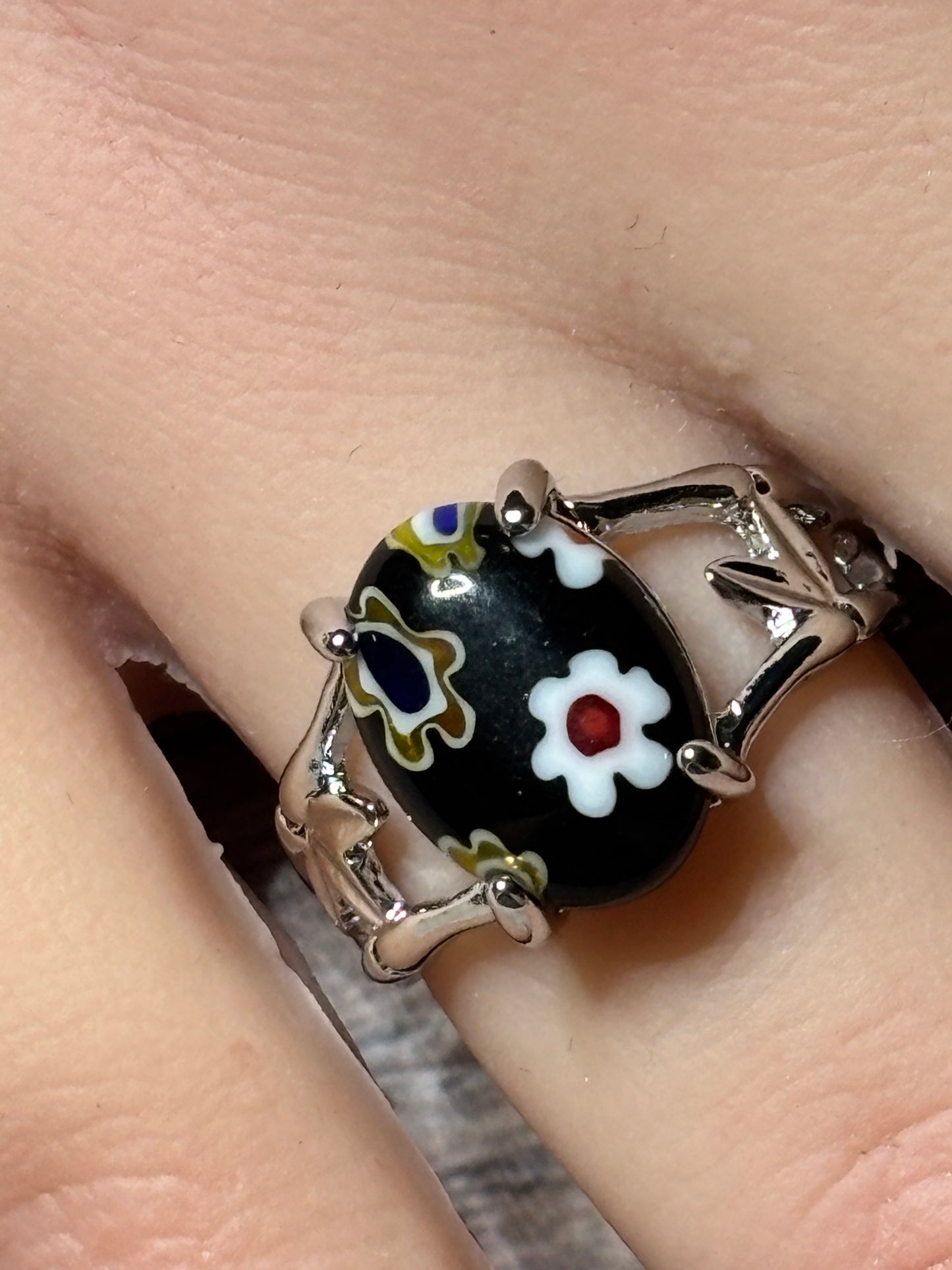 Ring Size 8 Black Floral Murano