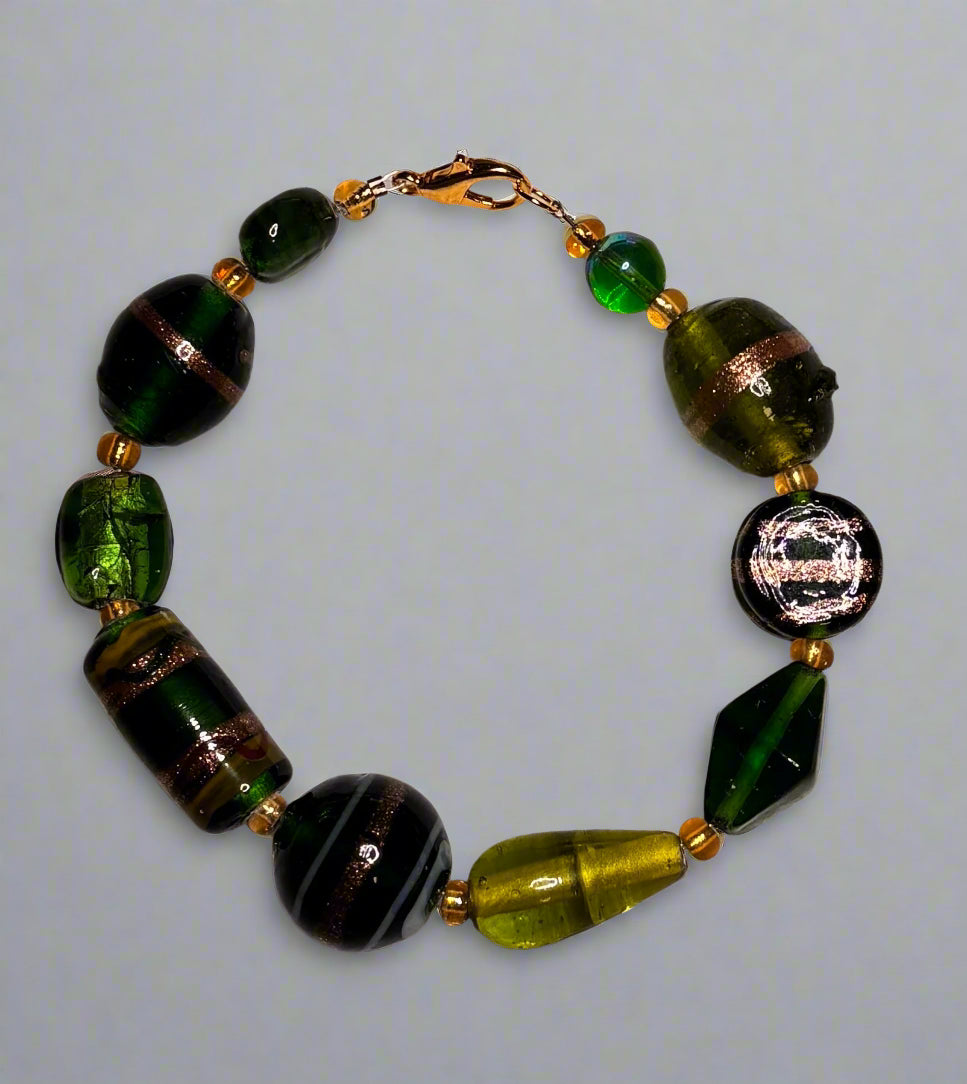Handmade - Swirly Patterned Green Glass Bracelet - 8"