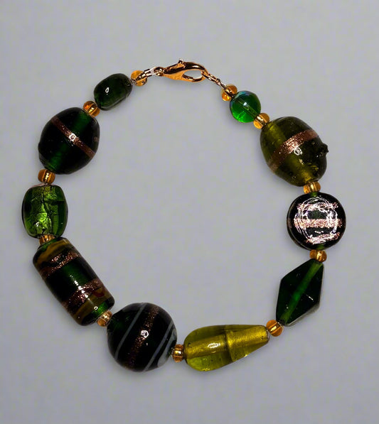Handmade - Swirly Patterned Green Glass Bracelet - 8"