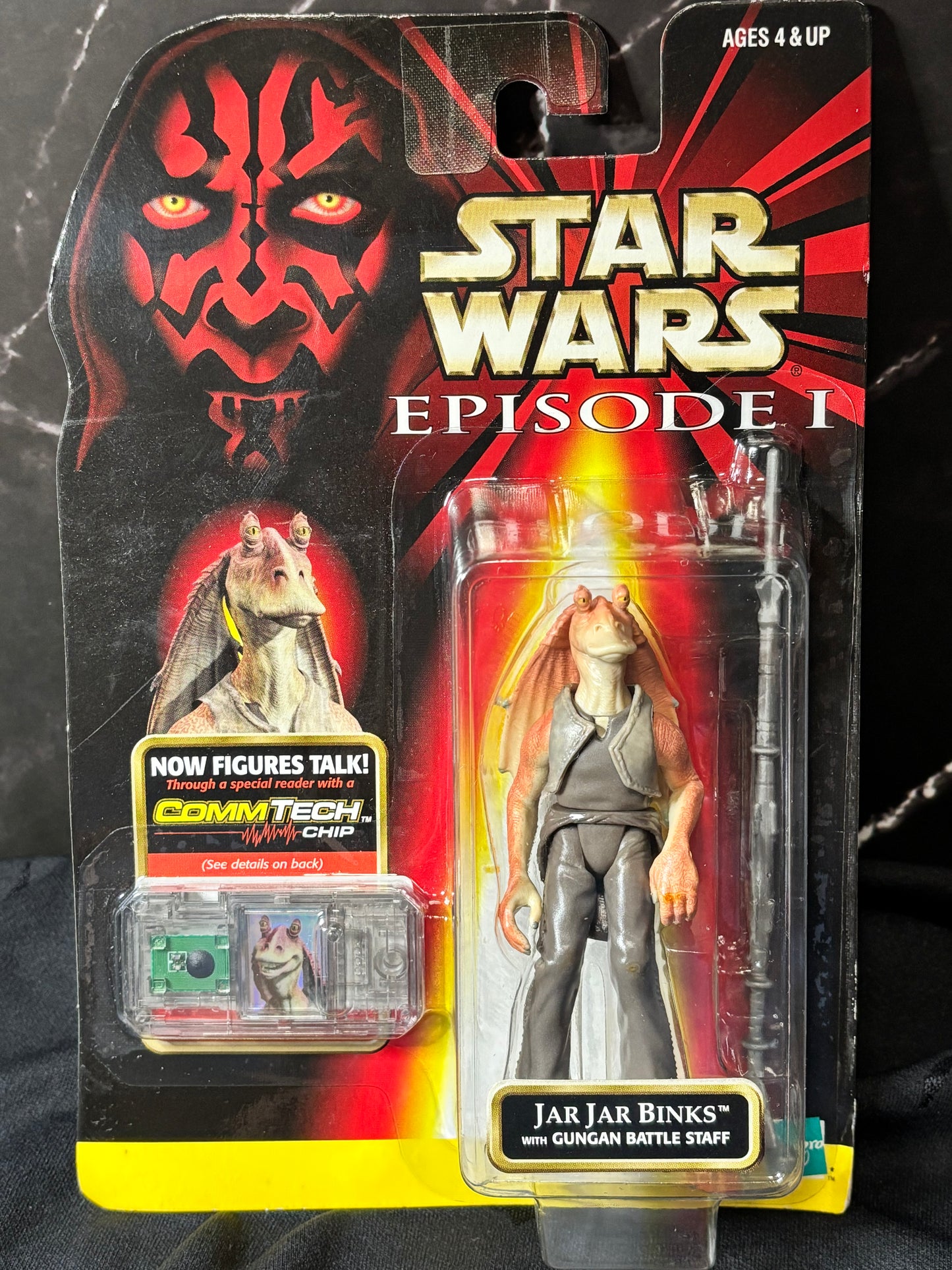 Star Wars Episode 1 Jar Jar Binks with Gungan Battle Staff Comm Tech Chip