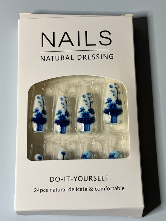 Press on Nails with a Blue and White Floral Design