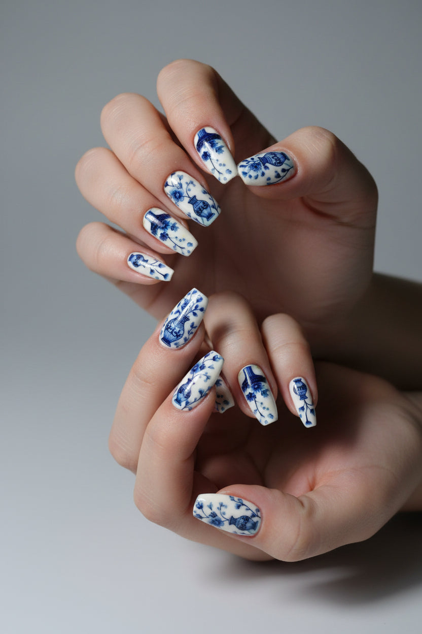 Press on Nails - Blue and White Floral Design