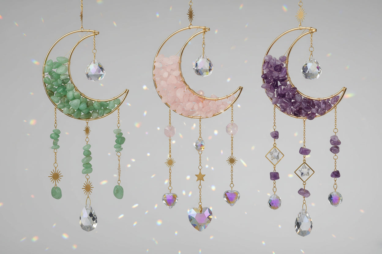 Crystal Moon Hanging Suncatchers - 18" Available in Obsidian, Green Aventurine, Rose Quartz, Amethyst, or Citrine