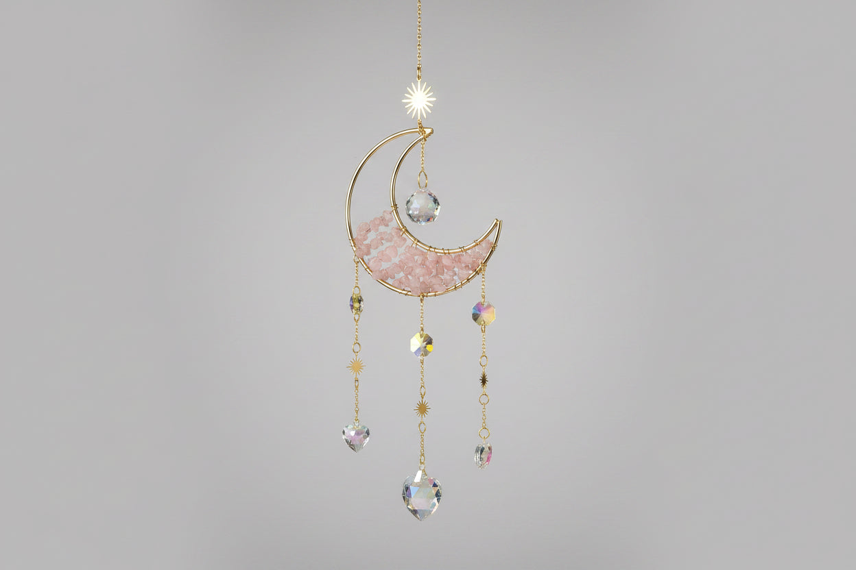 Crystal Moon Hanging Suncatchers - 18" Available in Obsidian, Green Aventurine, Rose Quartz, Amethyst, or Citrine