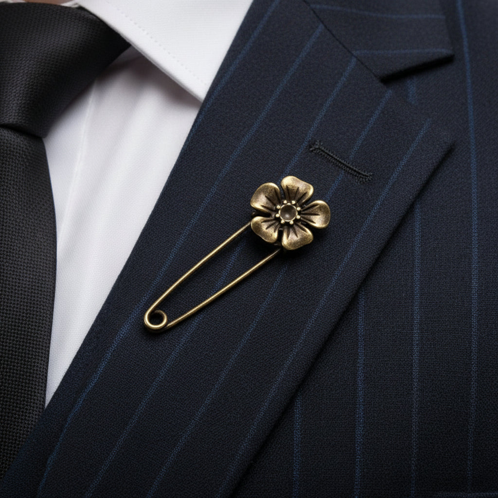 Brooch - Antique Bronze - Flower - Safety Pin