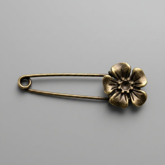 Brooch - Antique Bronze - Flower - Safety Pin