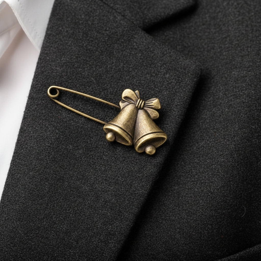 Brooch - Antique Bronze - Two Textured Bells - Safety Pin