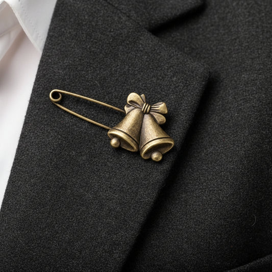 Brooch - Antique Bronze - Two Textured Bells - Safety Pin