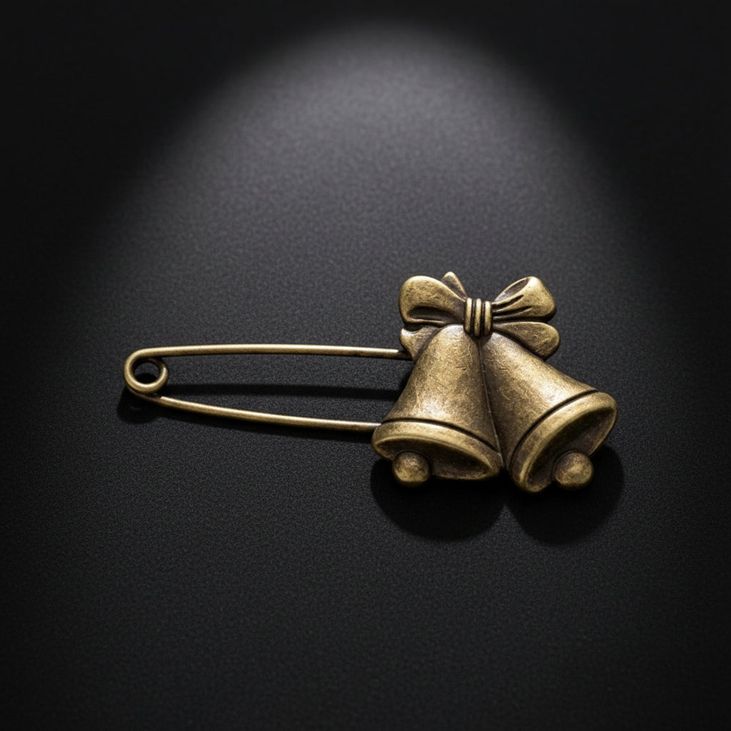 Brooch - Antique Bronze - Two Textured Bells - Safety Pin