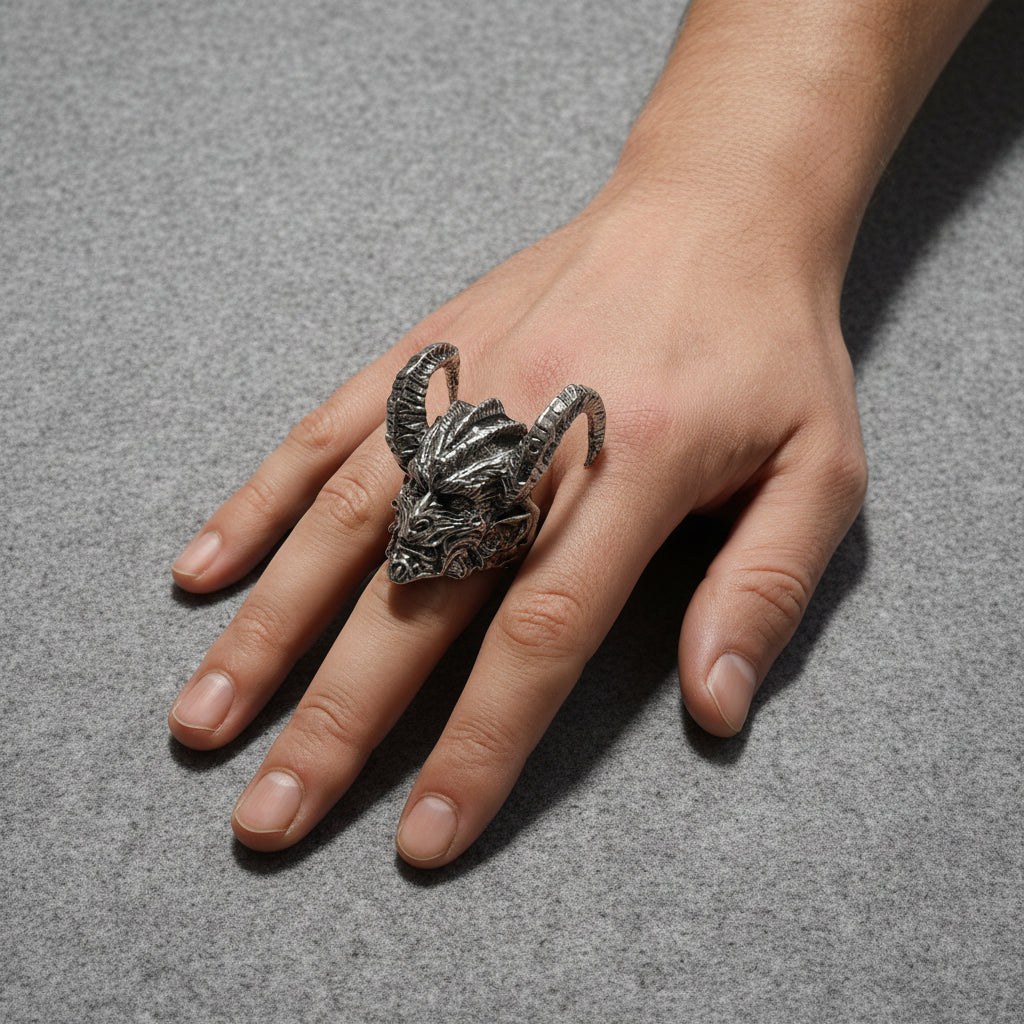 Ring - Gothic Demon Horned - Antique Silver - Size 12.5