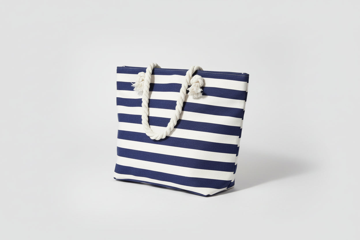 Navy and White Striped Tote Bag Beach Bag with Rope Straps