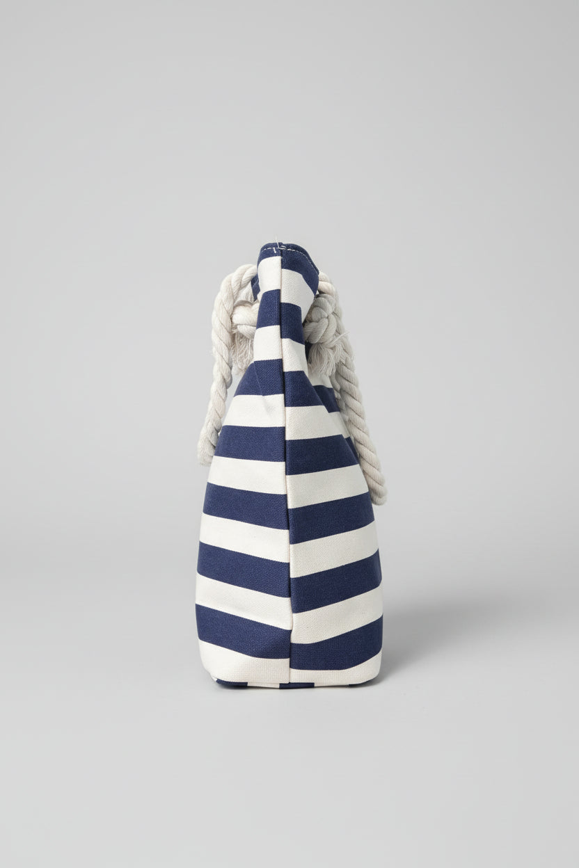 Navy and White Striped Tote Bag Beach Bag with Rope Straps