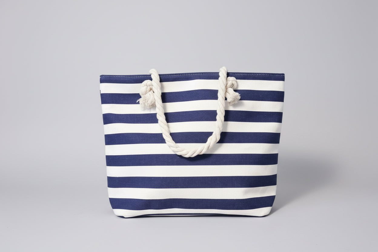Navy and White Striped Tote Bag Beach Bag with Rope Straps