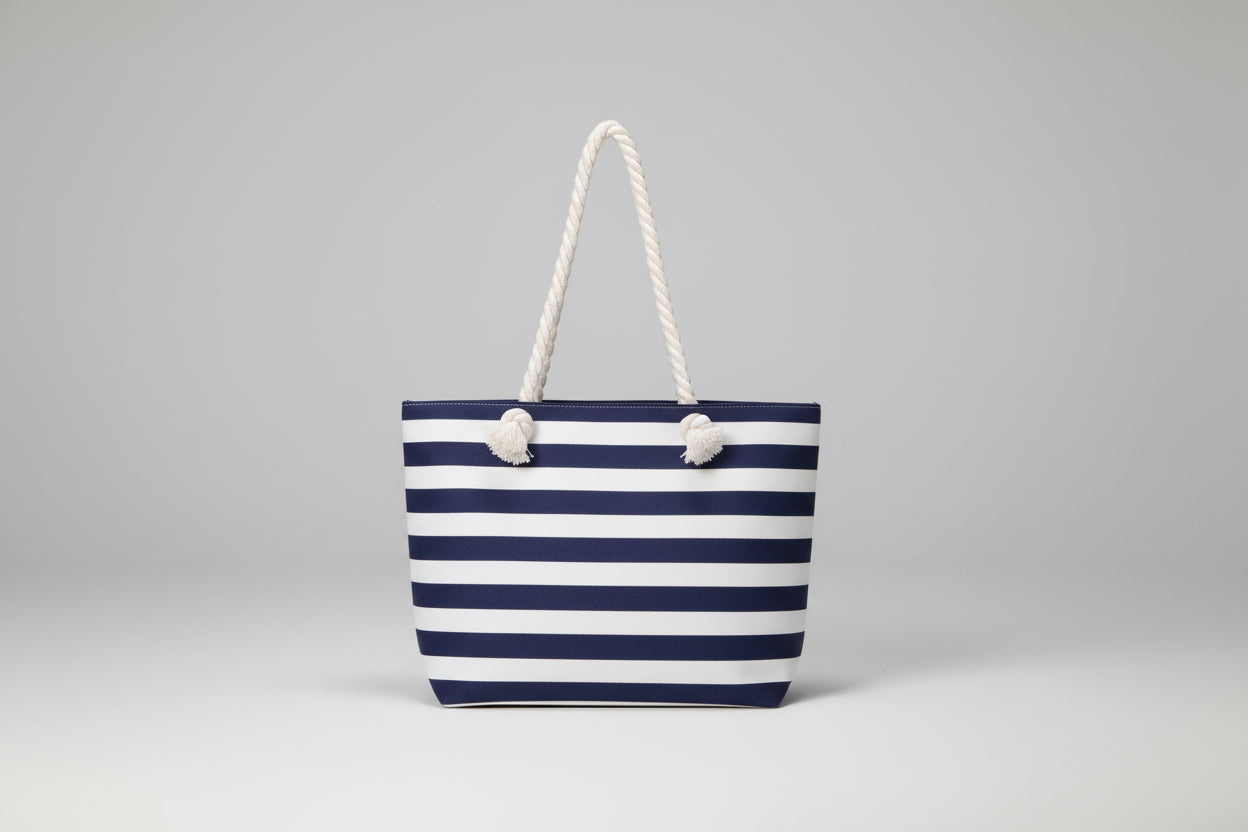 Navy and White Striped Tote Bag Beach Bag with Rope Straps