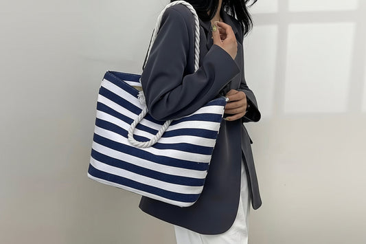 Tote Bag - Navy and White Striped - Beach Bag with Rope Straps