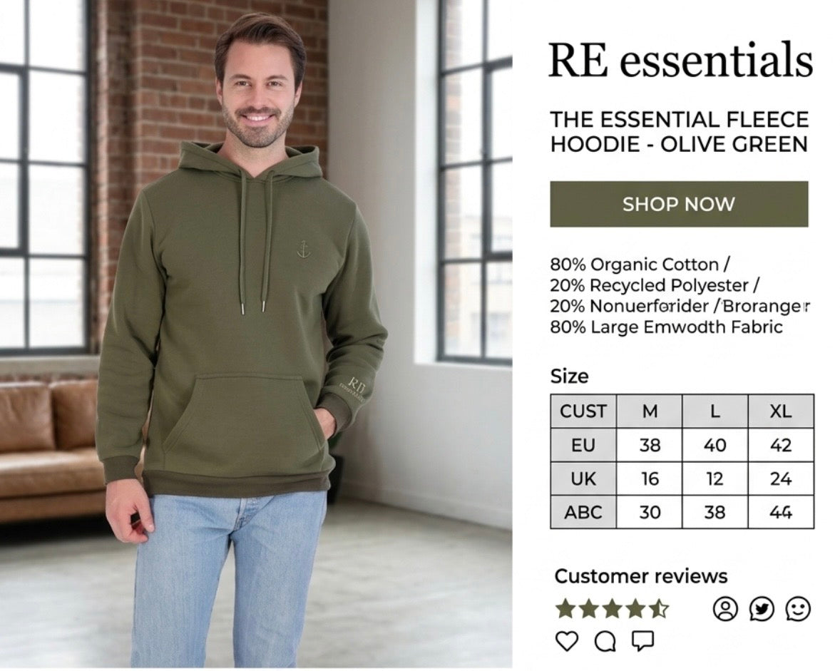 RE Real Essentials - Men's Fleece Pullover Hoodie - Large