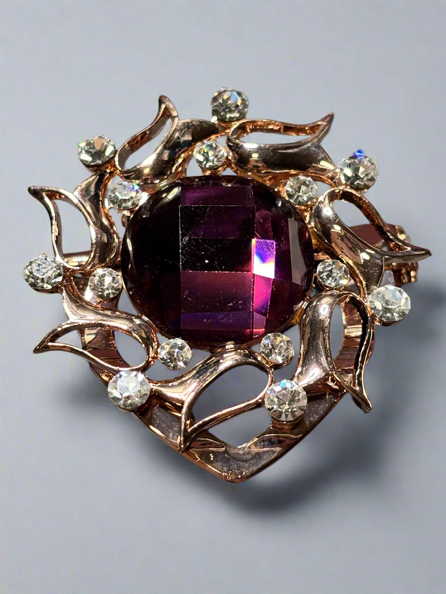 Brooch - Dark Purple Glass Crystal with Gold Tone Framework