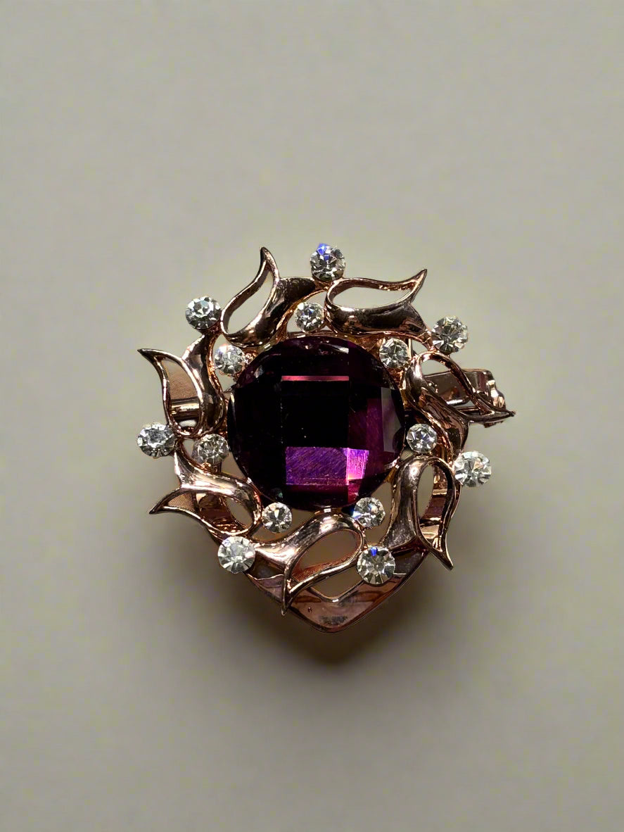 Brooch - Dark Purple Glass Crystal with Gold Tone Framework