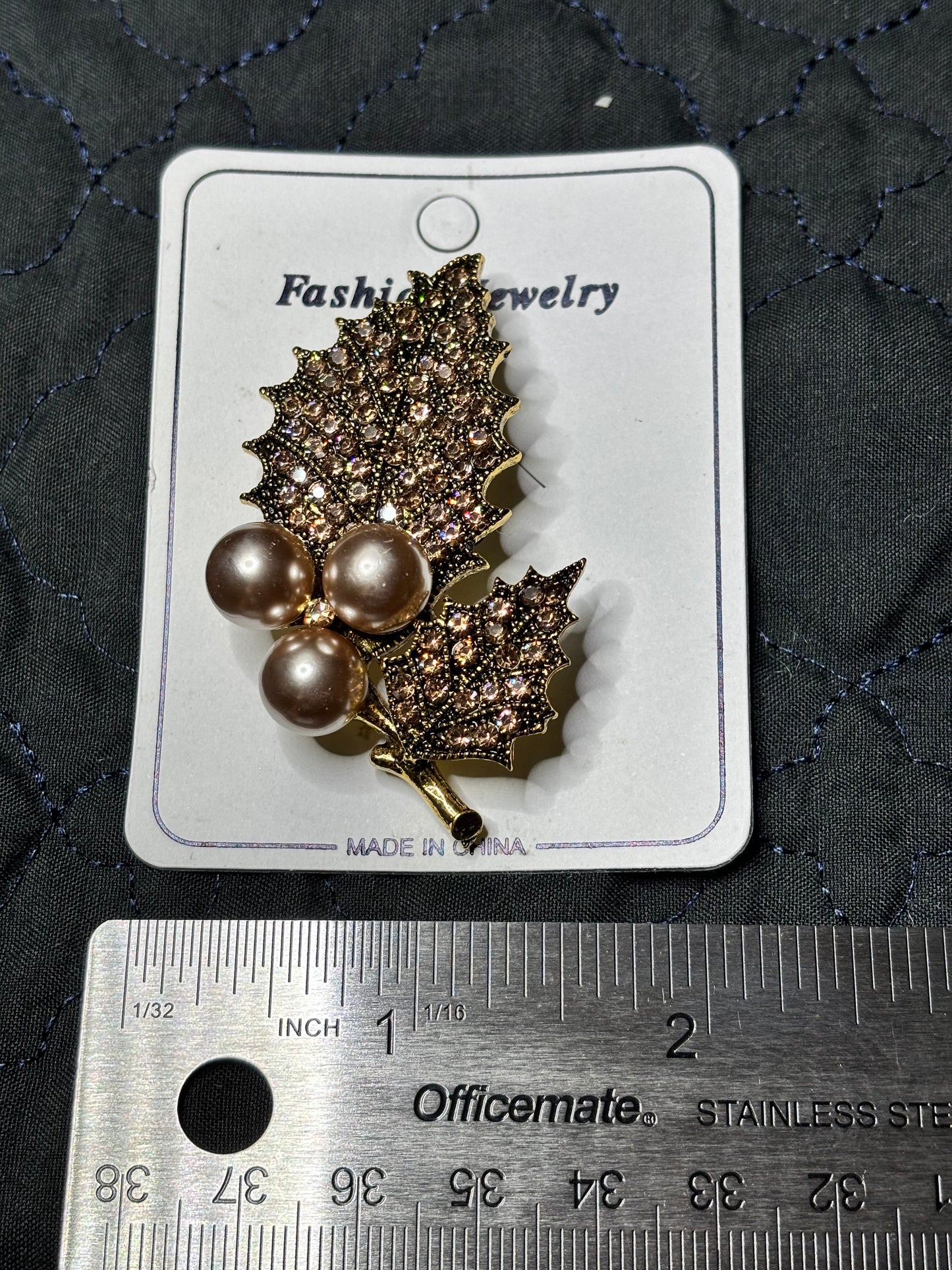 Brooch - Haven Vintage Jagged Edge Leaf with Pearls and Rhinestones