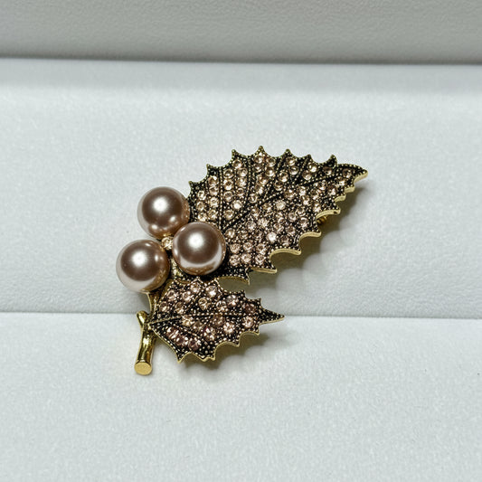 Brooch - Haven Vintage Jagged Edge Leaf with Pearls and Rhinestones
