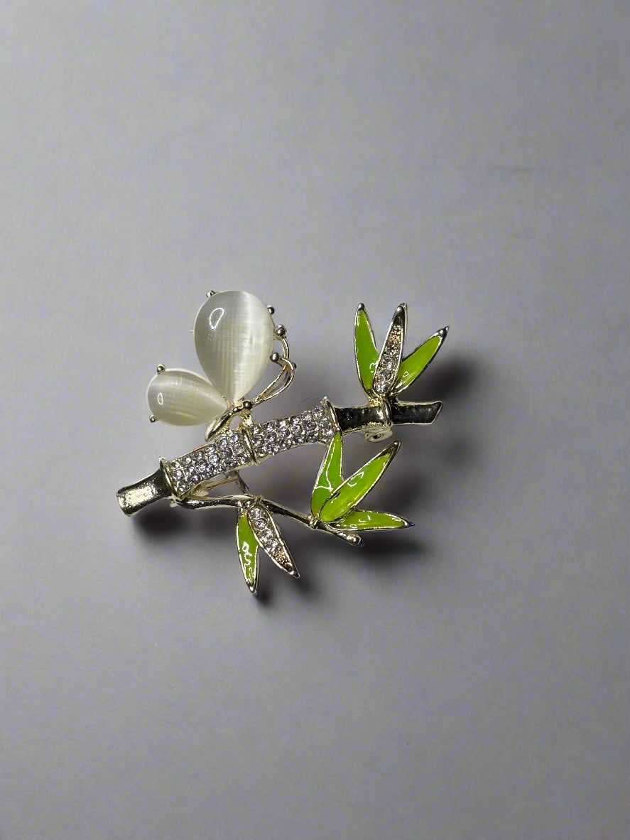 Brooch - Butterfly Perched on a Bamboo Stalk