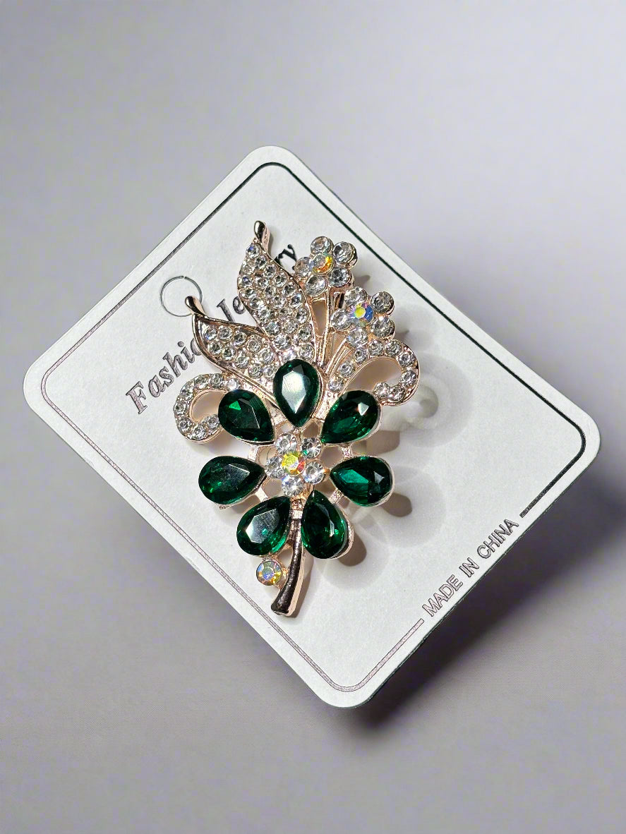 Brooch - Floral Designed with Green and Clear Crystals
